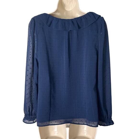 J. Crew V Neck Shimmery Clip Dot Ruffleneck Top Blue Size M - Picture 4 of 12